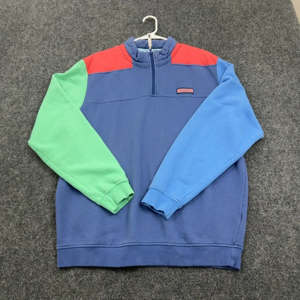 Vineyard Vines Pullover Mens L Blue Cotton Colorblock Quarter Zip Preppy Casual